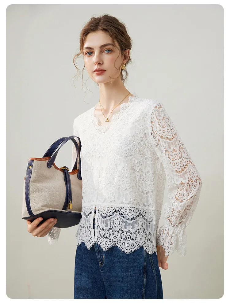 2025 Spring Elegant Hollow Lace Shirt Fashionable Pullover Shirt V-neck Long Sleeve Hooded Women's Shirt
