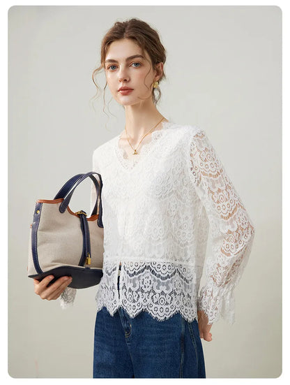 2025 Spring Elegant Hollow Lace Shirt Fashionable Pullover Shirt V-neck Long Sleeve Hooded Women's Shirt