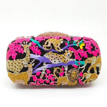 Forest Jungle Women Crystal Animal Evening Bags Party Rhinestone Handbag Bridal Wedding Clutch Bag