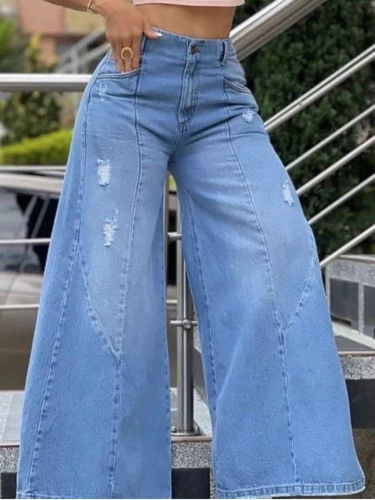 Women's High Waist Holed Wide Legged Pants Fashionable Washed Blue Micro Flared Jeans Loose and Versatile Floor Dragging Pants