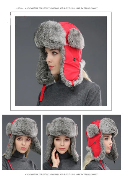 Russia Winter Real fur Hat Unisex Outdoor Windproof Super Warm Real Rabbit Fur Bomber Hats Natural Soft Natural Rabbit Fur Caps
