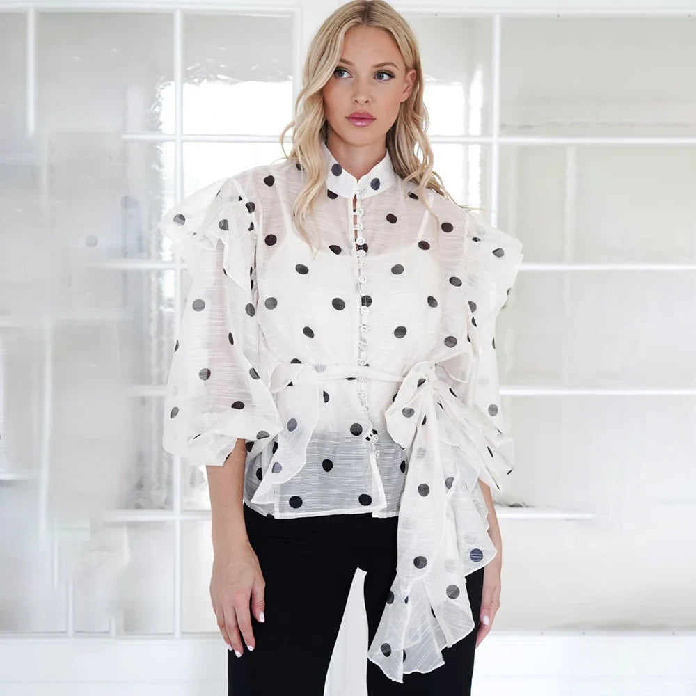 Ticketsx Polka Dot Ruffled Shirts Fashion Contrast Lace Up See Through Button Blouse Top Elegant Party High Street Women Shirt