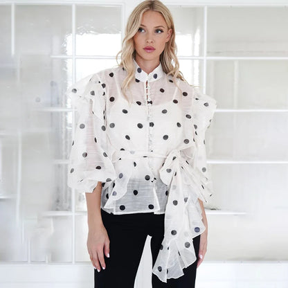 Ticketsx Polka Dot Ruffled Shirts Fashion Contrast Lace Up See Through Button Blouse Top Elegant Party High Street Women Shirt