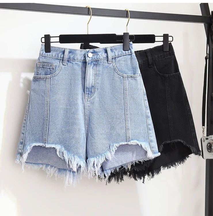 Summer High-waisted Denim Shorts Women Fur-trimmed Zipper Pocket 7XL Jeans Casual Fashion Loose Patchwork Short Pants