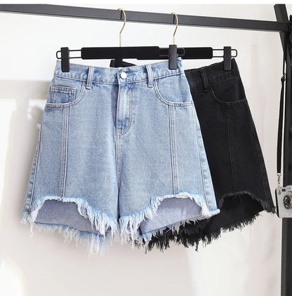 Summer High-waisted Denim Shorts Women Fur-trimmed Zipper Pocket 7XL Jeans Casual Fashion Loose Patchwork Short Pants