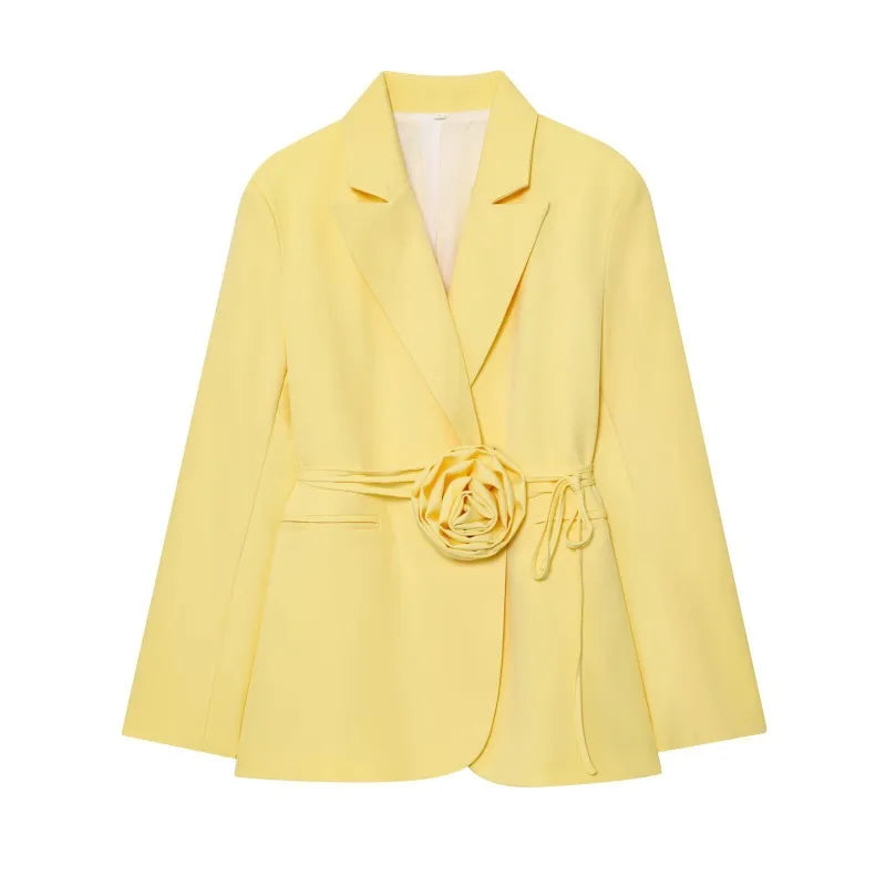 Women Notched Lapel Blazer with Floral Rose Belt Waist Tie Slim Long Sleeve Suit Jacket