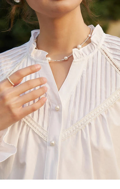 French Organ Pleated V-neck Shirt 2025 Autumn Petal Patchwork Ruffle Sleeve Solid Pearl Single Breasted Tops MXD13X1354