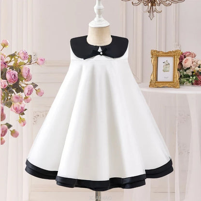 Party Dress Costumes Korean Style Girls Tulle First Birthday Dresses Children Black Bow  Collar Kids Flower Girl Gown Clothes