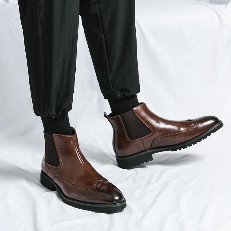 Luxury Men Brogue Boots Men's Ankle Boots High Quality Mens Chelsea Boots Slip on Oxford Formal Business Shoes Plus Size 38-46
