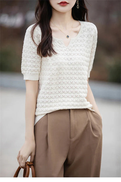 Women's T-shirt Summer New 100% Pure Cotton Tees Casual Solid Knitted Short sleeved V-neck Pullover Loose Tops Fashion Sweater