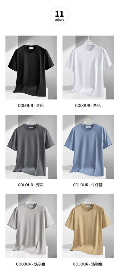 Plus Size 4XL 5XL Liquid Ammonia Mercerized Cotton T-shirt For Men Summer Cool Feeling Round Neck Top Clothes Short Sleeve Tees