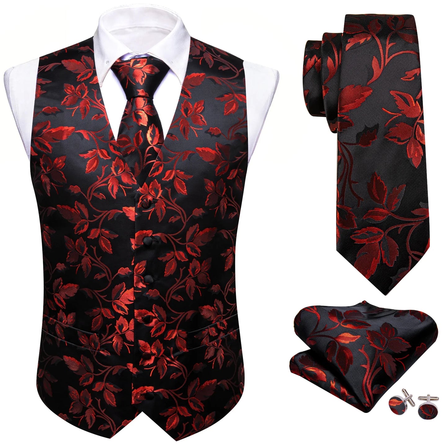 Men's Elegant Floral Vest & Tie Hanky Cufflinks Set – Formal Wine Green Blue Waistcoat for Weddings Events Party Gift