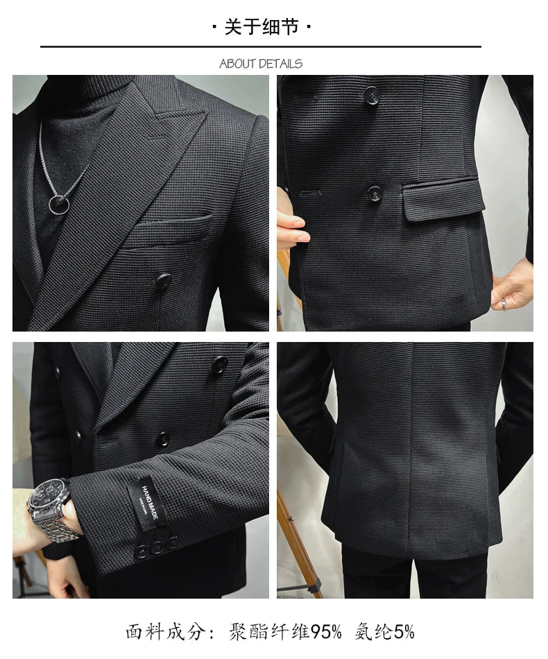 2025 Spring New Men's Waffle Double Breasted Suit Jacket High Quality Business Slim Fit Blazers Groom Social Party Dress Coats