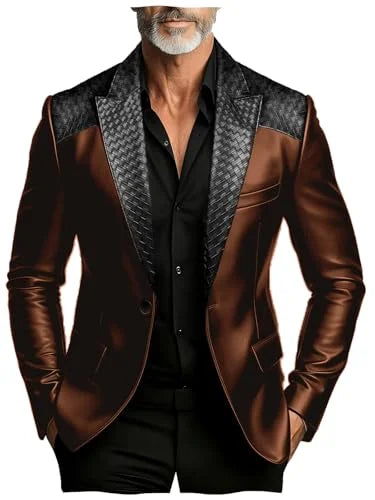 Men's Faux Suede Jacket with PU Leather Collar & Shoulder Two-Tone Blazer Contrast Trim Coat