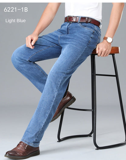 2024 Brand Thin or Thick Material Straight Cotton Stretch Denim Men's  Business Casual High Waist Light Grey Blue Jeans