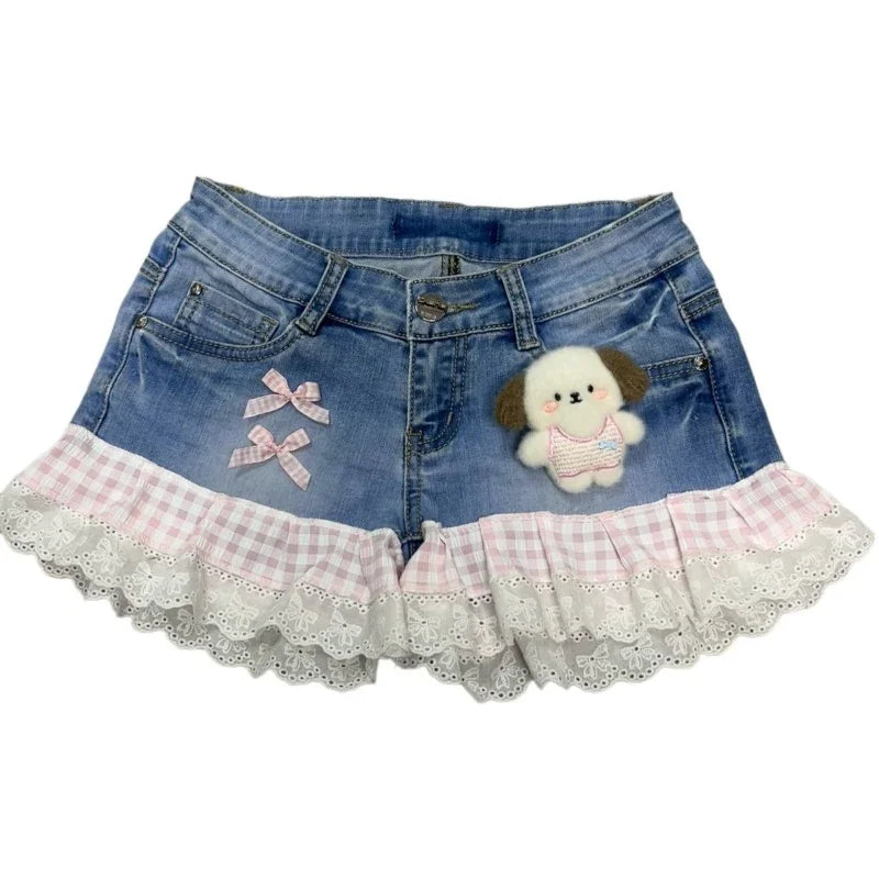 Y2K Vintage Spice Girls Cute Two-dimensional Pink Plaid Rabbit Ears Stitching Lace Denim Shorts Retro Sweet Cowboy Short Pants