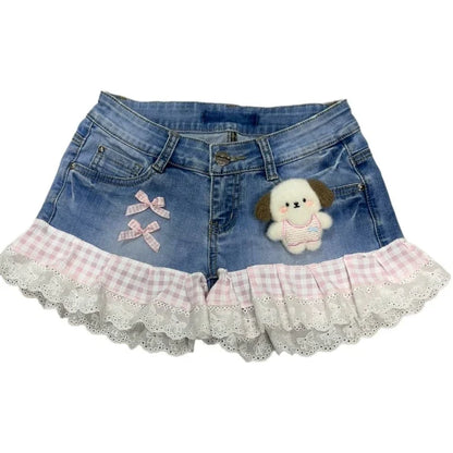 Y2K Vintage Spice Girls Cute Two-dimensional Pink Plaid Rabbit Ears Stitching Lace Denim Shorts Retro Sweet Cowboy Short Pants