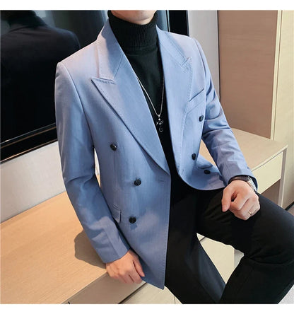 Classic Luxury Striped Men Suit Jacket Fashion Double Breasted Business Office Wedding Tuxedos Male High Quality Slim Fit Blazer
