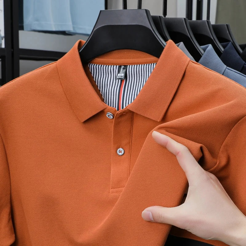 100% pure cotton short sleeved men's polo shirt summer boutique fashion high-quality top solid color collar back striped T-shirt