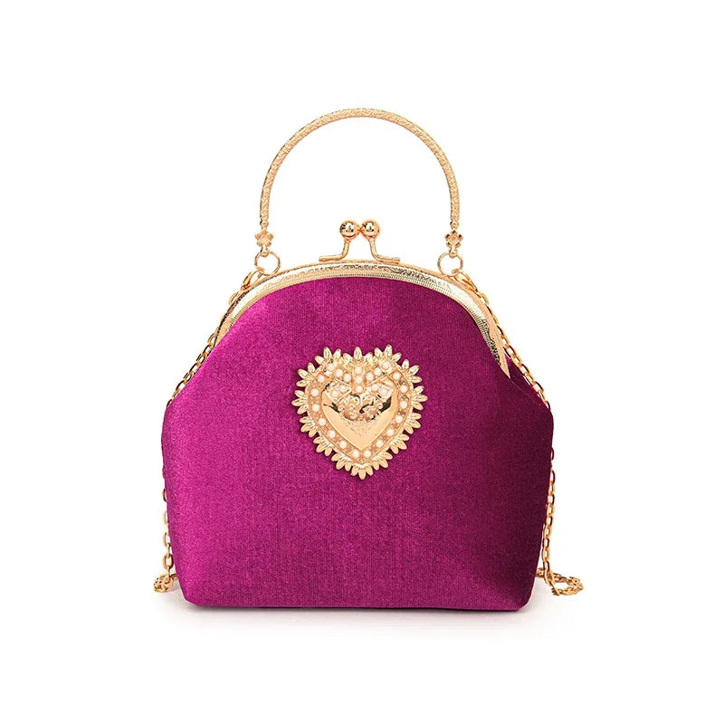 Chains Velvet Frame Heart Dinner Hand Bags Diamonds High Quality Shoulder and Crossbody Bags for Women 2024 Fashion Hot Sale