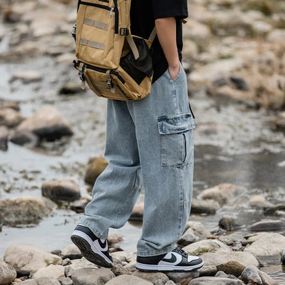 Korean men clothing Japanese style three-dimensional pocket jeans spring new retro vintage washed water workwear men's pants