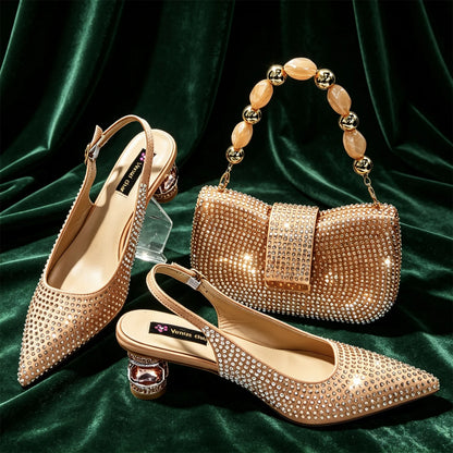 Emerald Green Rhinestone Heels & Bag Set Crystal Slingback Pumps with Matching Handbag for Wedding Party