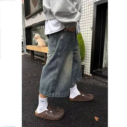 American Retro Washed High Street Jeans Shorts Men's Loose Straight Leg Wide Leg Vintage Casual Versatile Six Seven Pants