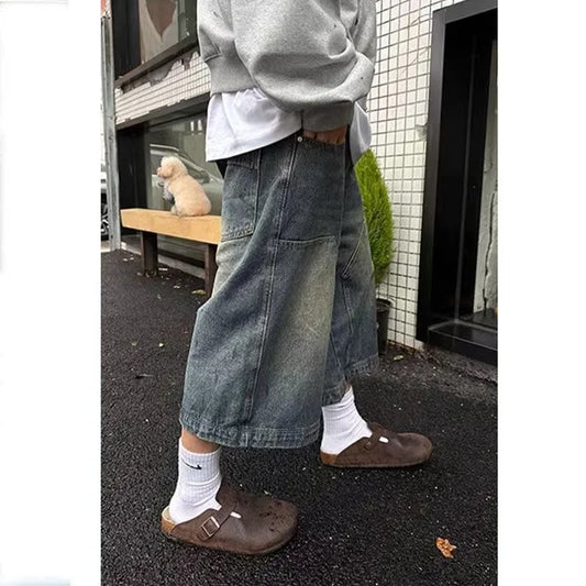 American Retro Washed High Street Jeans Shorts Men's Loose Straight Leg Wide Leg Vintage Casual Versatile Six Seven Pants
