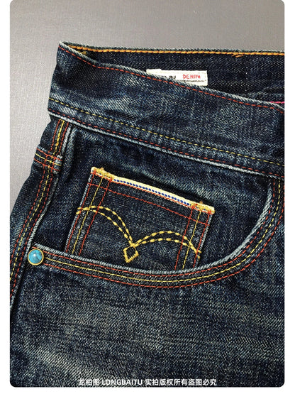 High Quality 100% Cotton Washed Yellow Selvedge Denim Jeans for Men American Vintage Casual Spring Autumn Loose Straight Pants