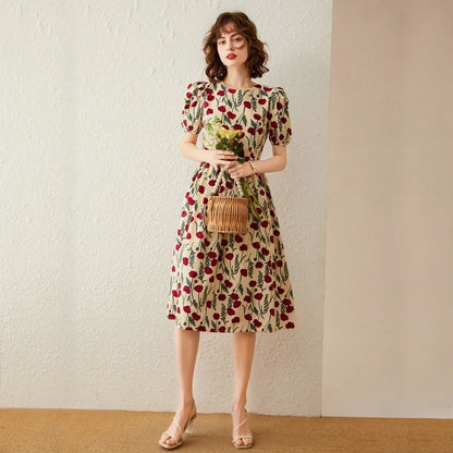 French Floral Print Dress Women 2026 Summer Round Neck Puff Sleeve Fitted Long Dress Casual Streetwear Outfits