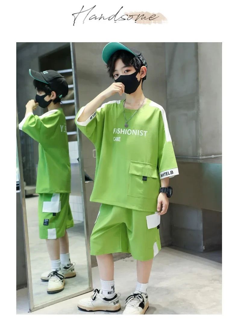 Summer Boys Patchwork Alphabet Half Sleeves T-Shirt Tops+Shorts Pant School Kids Tracksuit Child 2PCS Outfit Workout Set 5-16 Yr