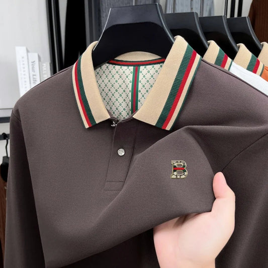 Luxury advanced  brand men long sleeve polo shirt unique stripe color blocked lapel fashion letter embroidery casual new T-shirt