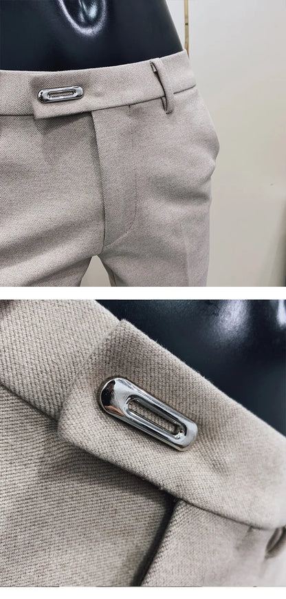 Autumn Winter Thickened Woolen Suit Pants Men Casual Slim Fit Straight Trousers Formal Business Woolen Social Office Warm Pants