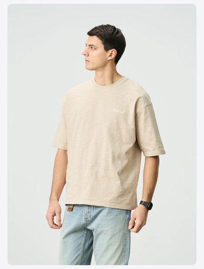 Summer New Super Loose Heavyweight 300gsm Slub Cotton T-shirts Men Letter Embroidery Tops