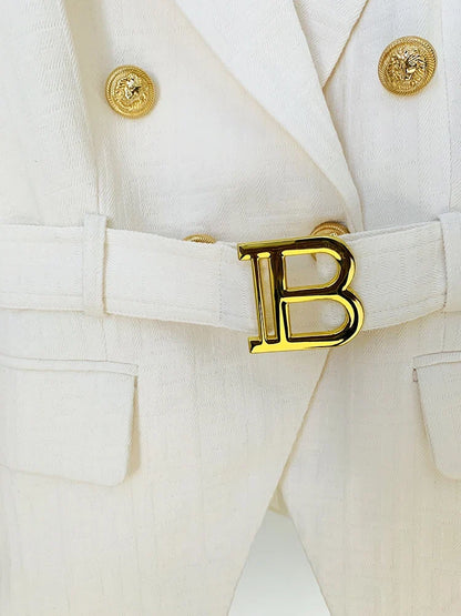 HIGH STREET Newest 2026 Designer Jacket Women's Double Breasted Lion Buttons Monogram Jacquard Belted Blazer