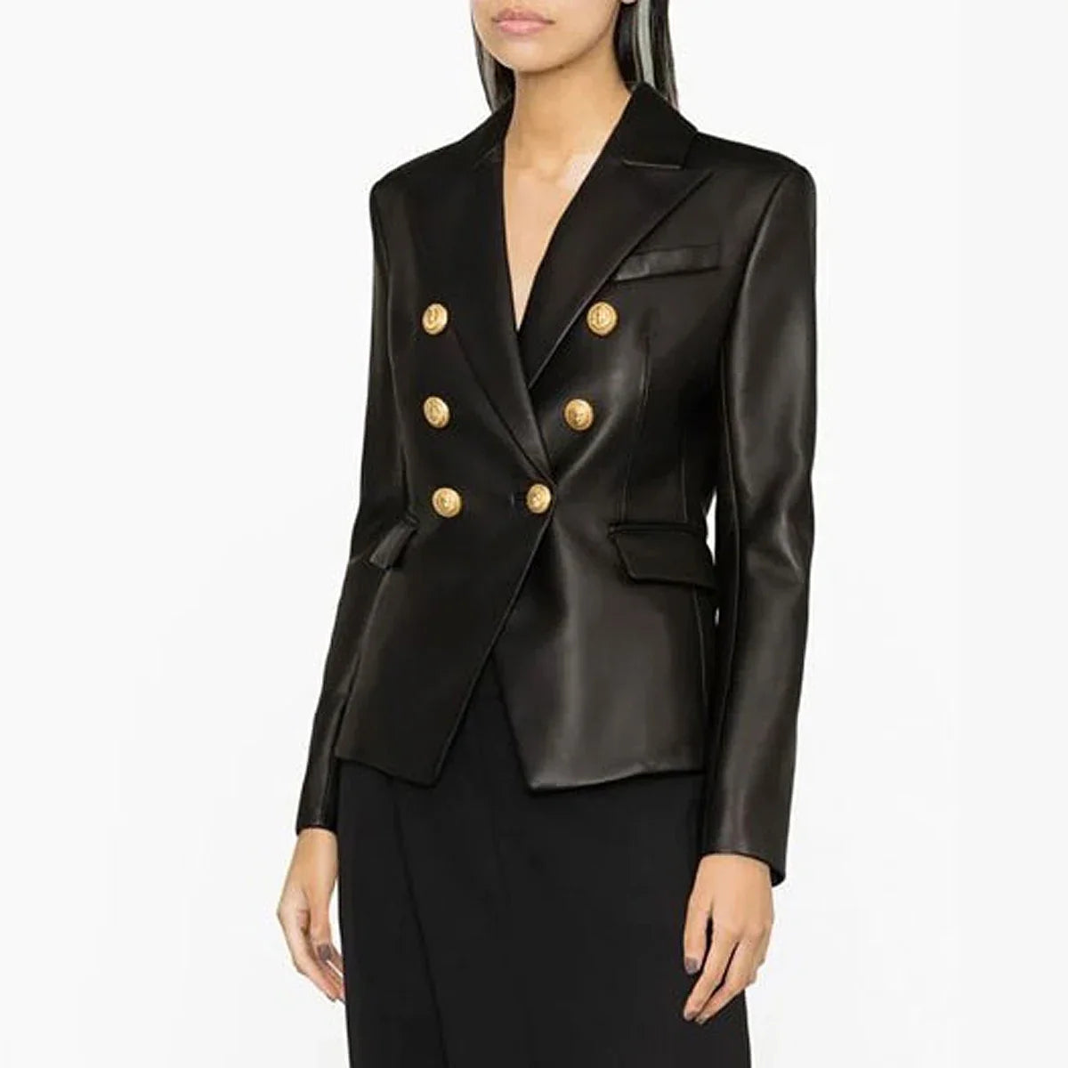 S-3XL High Quality Fashion New PU Leather Fabric Double breasted Long Sleeve Slim Fit Commuter Women's Suit Coat Blazer