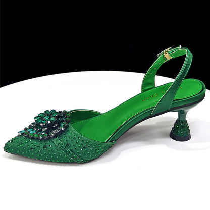 Blue Color Rhinestone Comfortable high heel shoe And Bag Fashion Style Pointed-Toe Shoes For Women Or Commuting Shoes