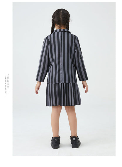 Girl Addams Family Halloween Cosplay Costume Girls Gray Purple Wednesday Addams Uniform Suit Skirts Wig Hand Wednesday Clothes