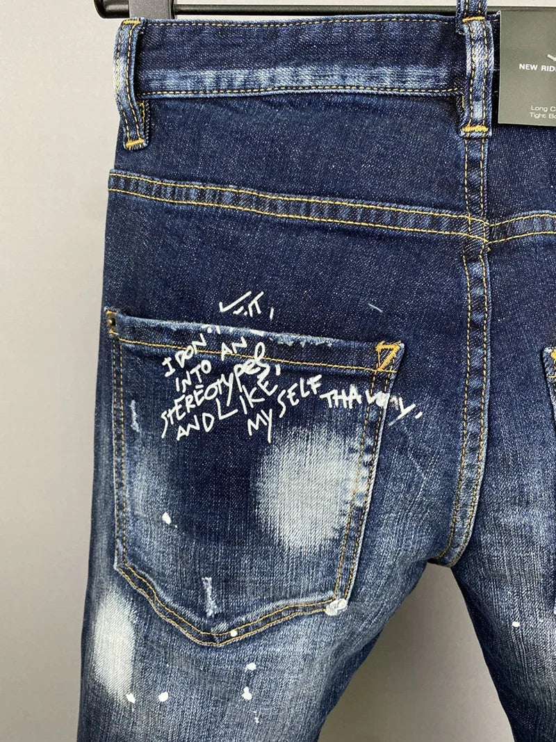 Men Jeans Dsq2 Denim Pants Hole Slim Pencil Trousers Buttons Party Clothes coolguy D2 JEANS for husband blue