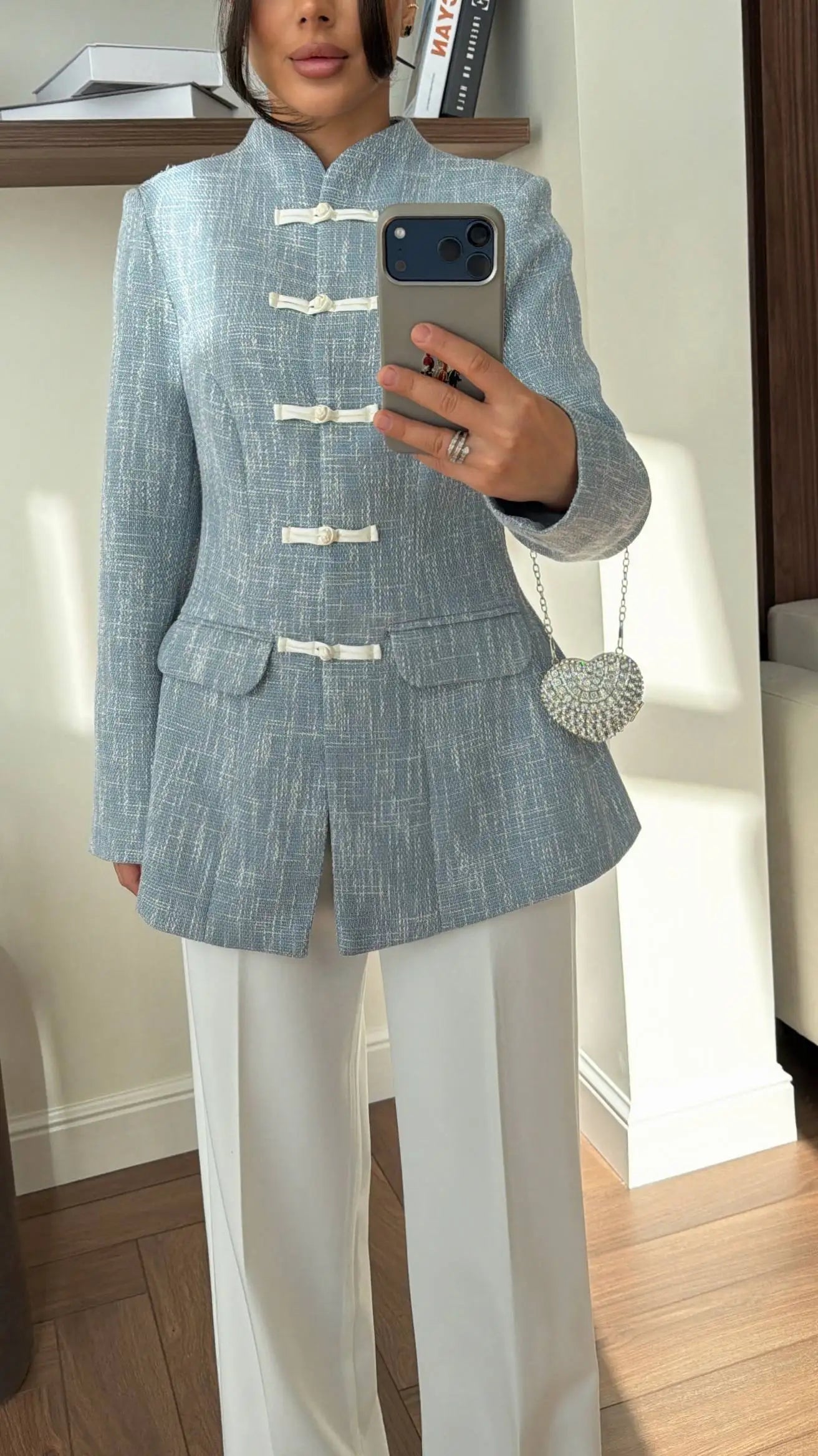 Women's Spring Summer Mandarin Collar Frog Button Tweed Fitted Blazer Elegant Casual Office Wear 2026 Trendy Fashion Blazer