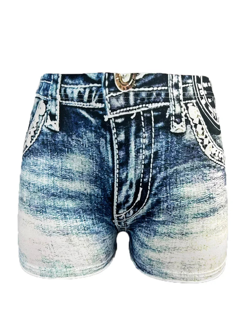Women's Faux Denim Print High Stretch Slim Shorts, Versatile Yoga Shorts, Polyester Non-Denim Material