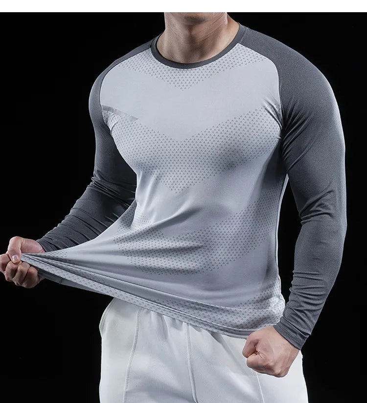 Autumn Winter Men Gym Fitness Display Long Sleeve T-Shirt Crew Neck Elastic Moisture Wicking Tights Running Training Bottom Top