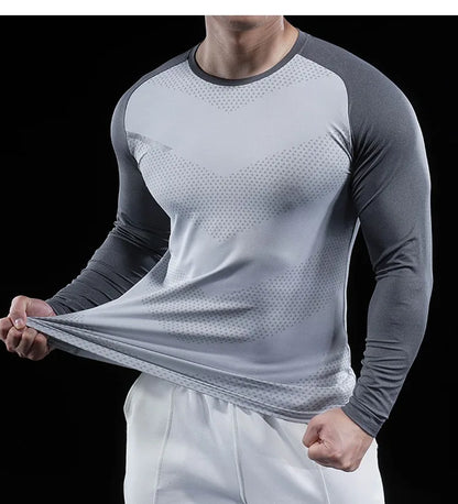 Autumn Winter Men Gym Fitness Display Long Sleeve T-Shirt Crew Neck Elastic Moisture Wicking Tights Running Training Bottom Top