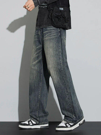 Cotton Baggy Men Wide Leg Jeans Retro Loose Streetwear Fashion Korean Straight Washed Denim Trousers High Quality Brand Clothes