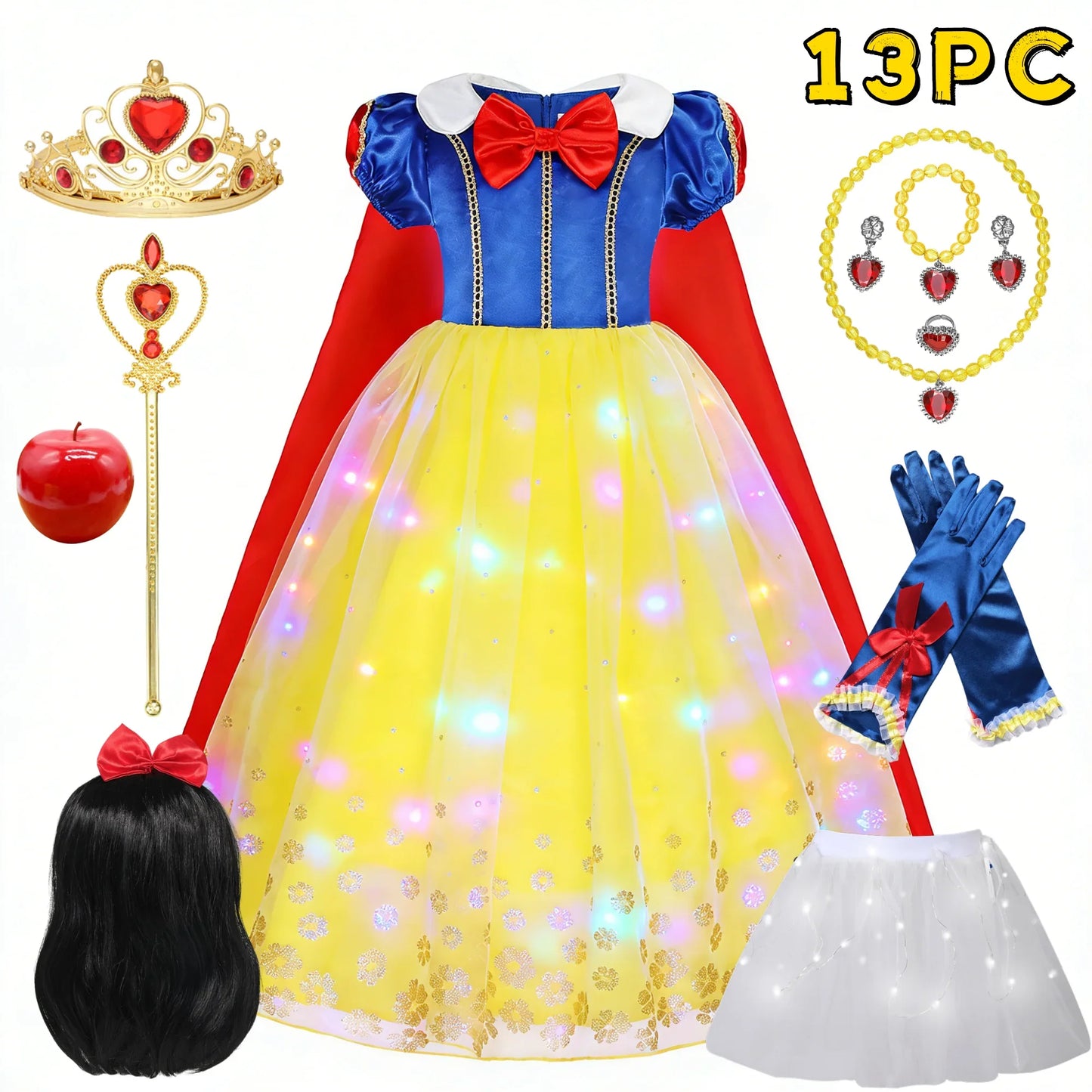 Popular Movie LED Princess Dress, White Snow Dress, With Cape And Headpiece For Halloween Carnival Birthday Party Cosplay