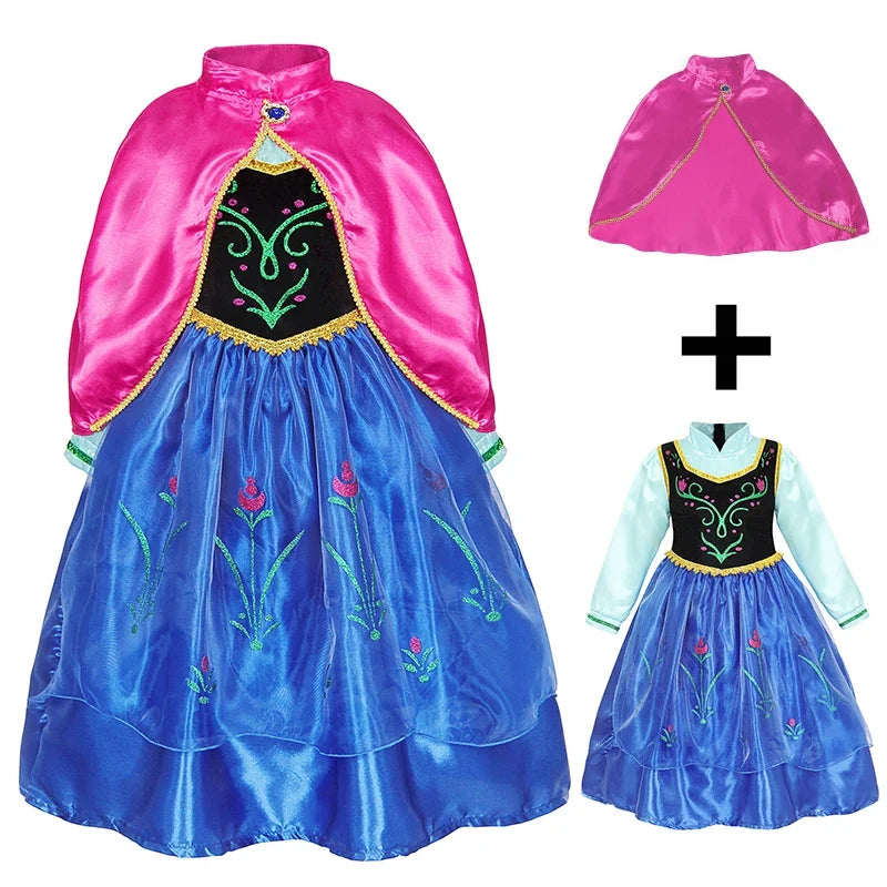 Disney Anna Dress with Cape for Kids Girl Carnival Princess Disguise Frozen Party Clothing Girls Hallloween Anna Gown Prom Dress