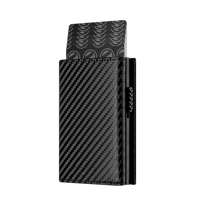 Carbon Fiber & Aluminum Men's Bifold Wallet, RFID Blocking Automatic Pop-Up Card Holder with Coin Compartments, Slim Money Purse