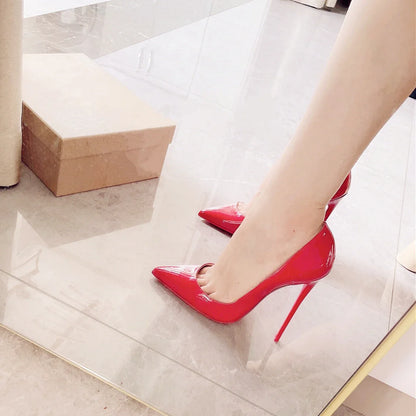 New shallow classic patent leather 12cm fashionable and versatile work high heels nude 10cm thin heel plus size 33-46