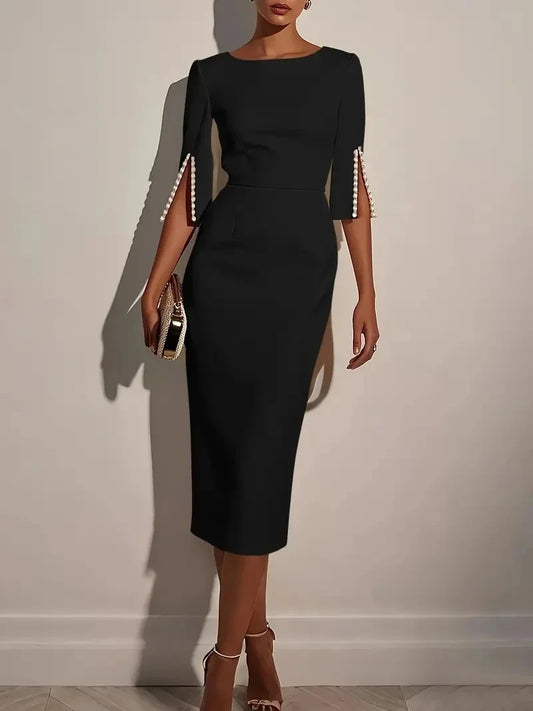 Women's Solid Color Elegant Round Neck Half Sleeve Beaded Decorated Slim Fit Midi Dress