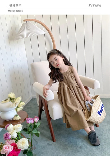 2026 New Summer Children Girls Sleeveless Dress Teen Solid Color Cotton Loose Casual Sundress Kids Vacation Style Princess Dress
